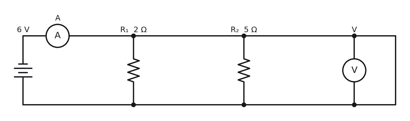 Parallel circuit diagram: a 6 V battery with an ammeter (A) in the main line connects to two parallel branches, R1 (2 ohm) on top and R2 (5 ohm) below; a voltmeter (V) is connected across both branches