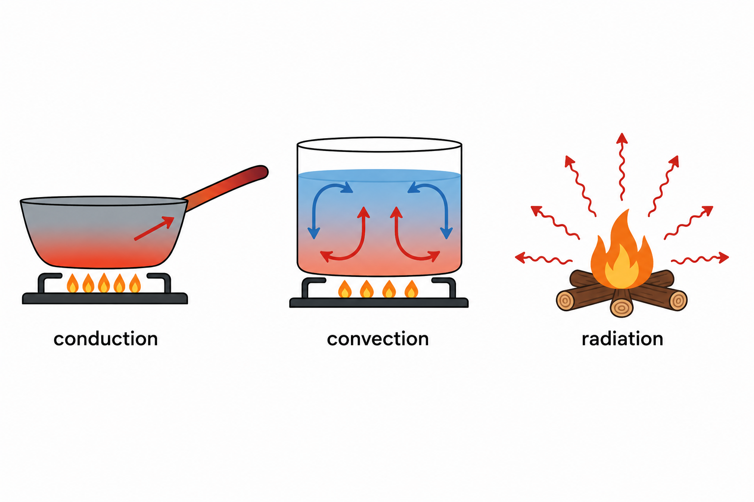 Three diagrams side by side: conduction shown as a metal pan heating directly on a flame, convection shown as circular current arrows in a pot of water on a flame, and radiation shown as wavy lines emitting outward from a bonfire